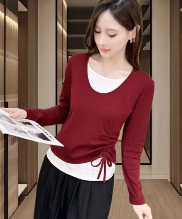 Drawstring fake two-piece long-sleeved top