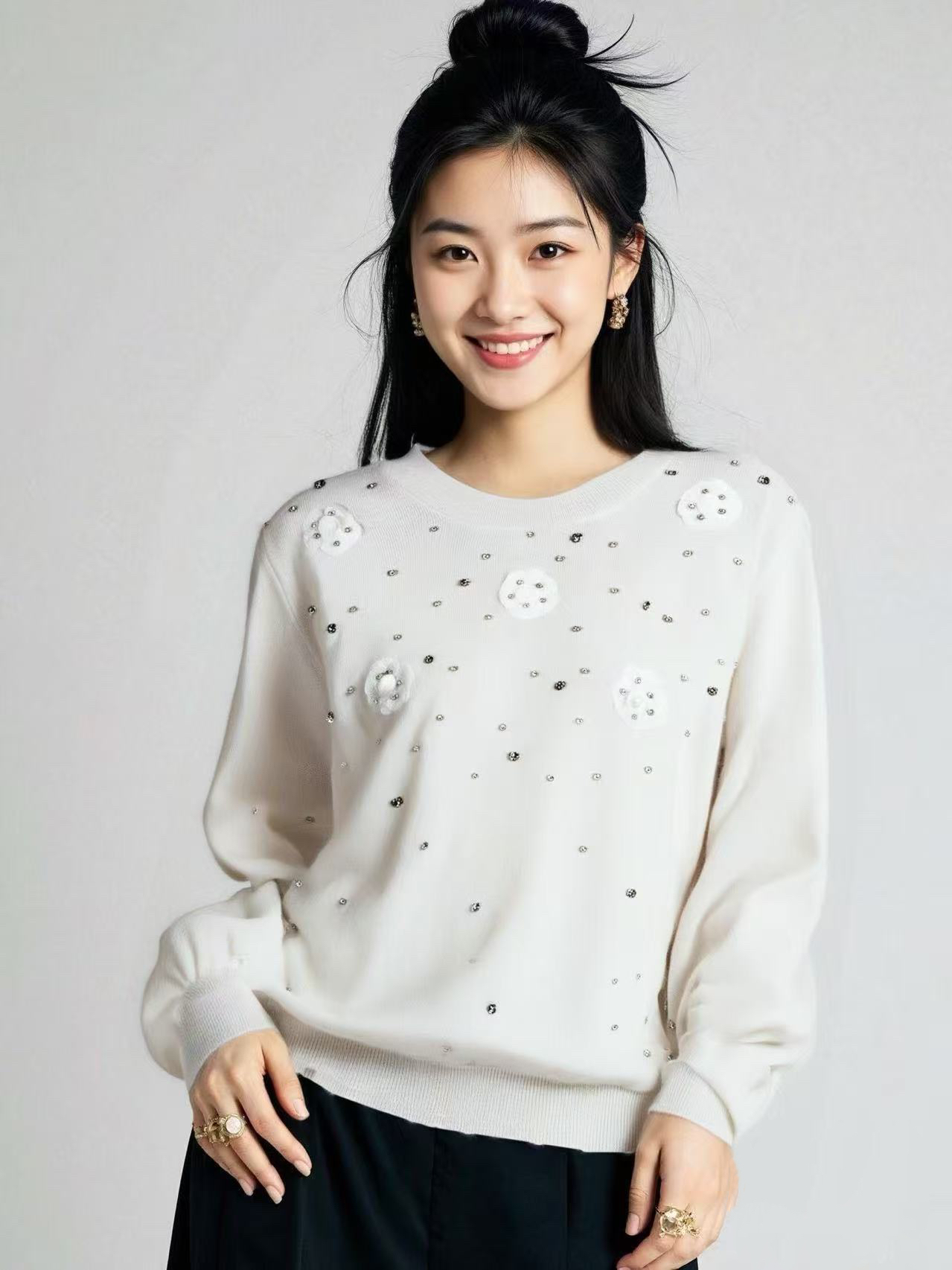 Flower stud beaded decorative knitwear - 图片 3