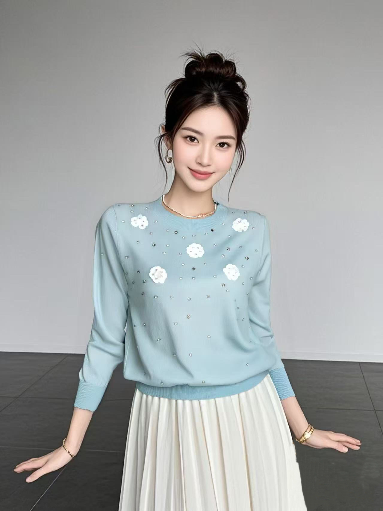 Flower stud beaded decorative knitwear - 图片 4