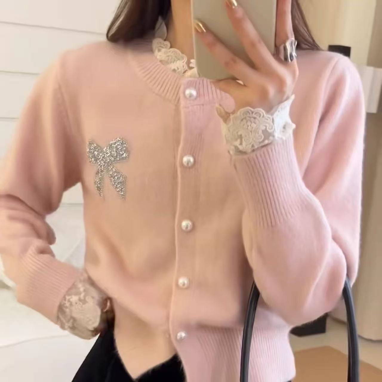 Bow-decorated round-neck knitted cardigan - 图片 4