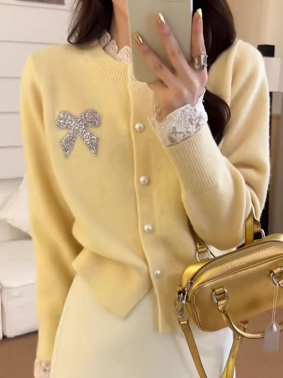 Bow-decorated round-neck knitted cardigan - 图片 2